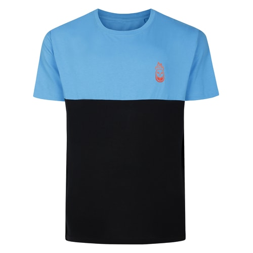 Flat front view of bright blue and black crew neck T-shirt.